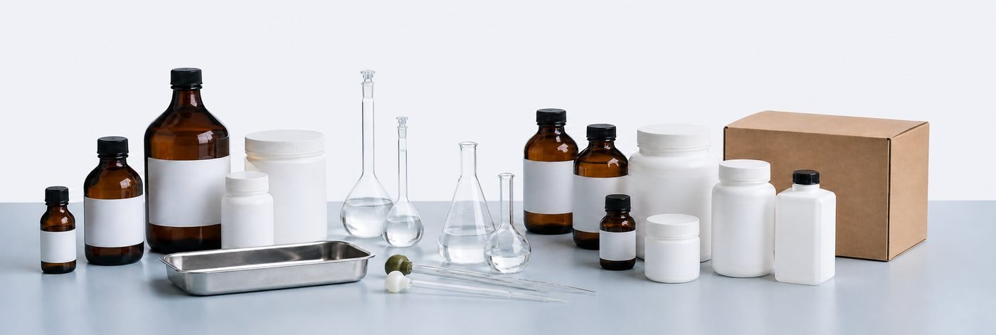 Selección ordenada de reactivos, envases y cristalería de laboratorio